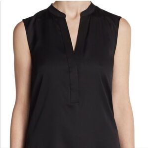 VINCE Black Sleeveless 100% Silk Collared V-neck Silk Tunic Sheer Back Sz XSmall